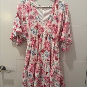 Entro Floral V-Neck Dress with Red and Green Accents